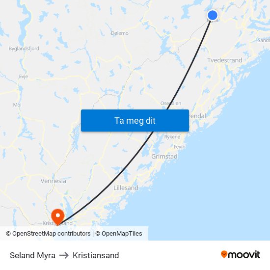 Seland Myra to Kristiansand map