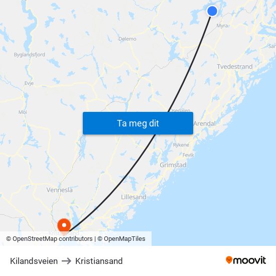 Kilandsveien to Kristiansand map