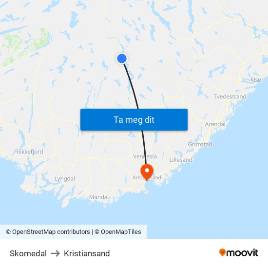 Skomedal to Kristiansand map