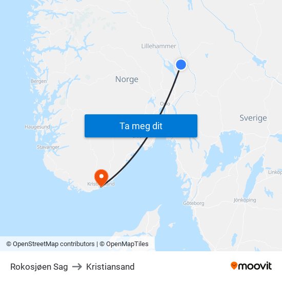 Rokosjøen Sag to Kristiansand map
