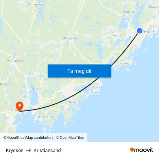 Kryssen to Kristiansand map