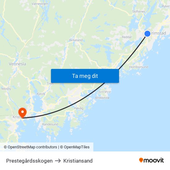 Prestegårdsskogen to Kristiansand map