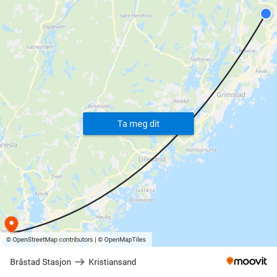 Bråstad Stasjon to Kristiansand map