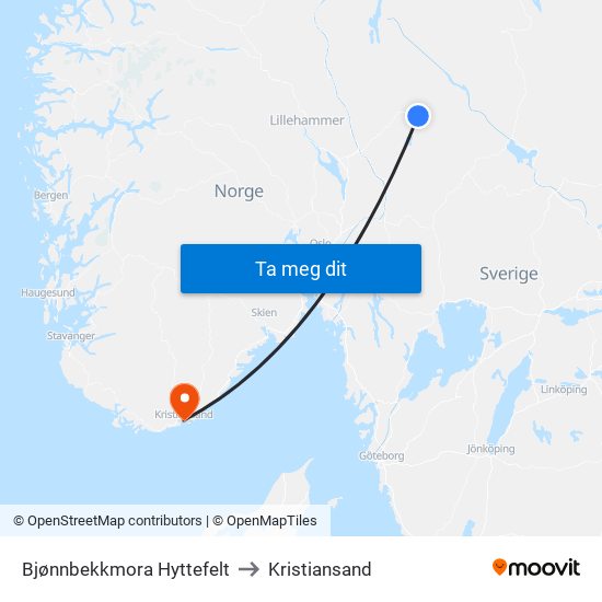 Bjønnbekkmora Hyttefelt to Kristiansand map