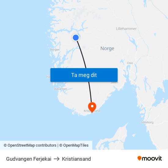 Gudvangen Ferjekai to Kristiansand map