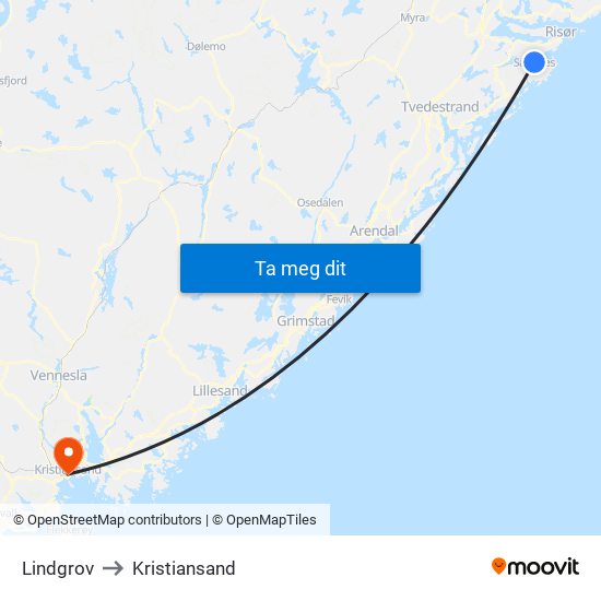 Lindgrov to Kristiansand map