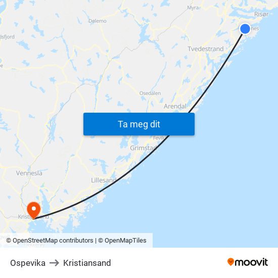 Ospevika to Kristiansand map