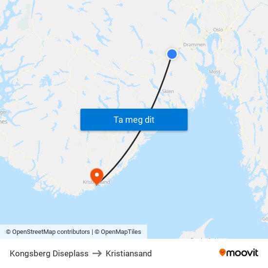 Kongsberg Diseplass to Kristiansand map