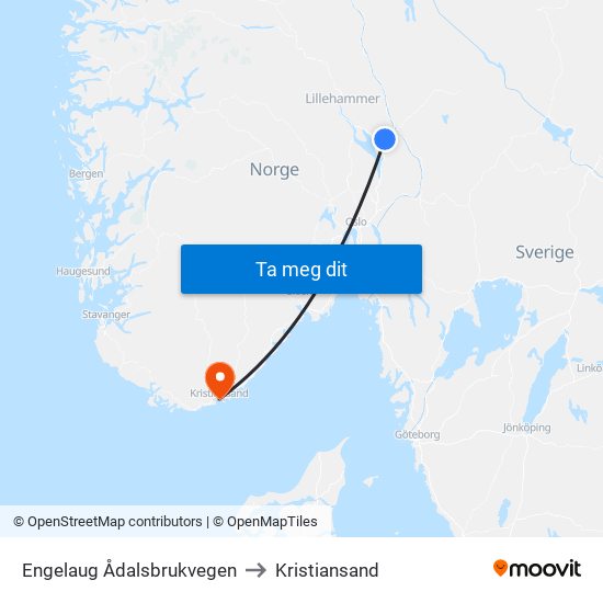 Engelaug Ådalsbrukvegen to Kristiansand map