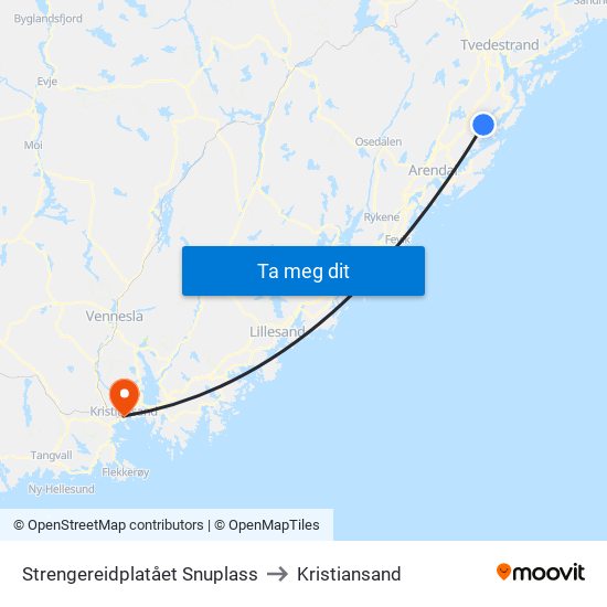 Strengereidplatået Snuplass to Kristiansand map