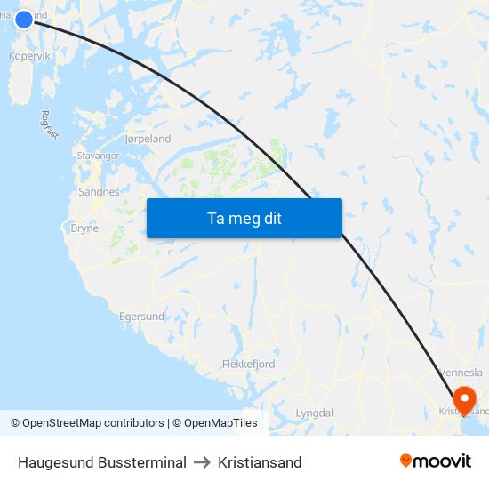 Haugesund Bussterminal to Kristiansand map