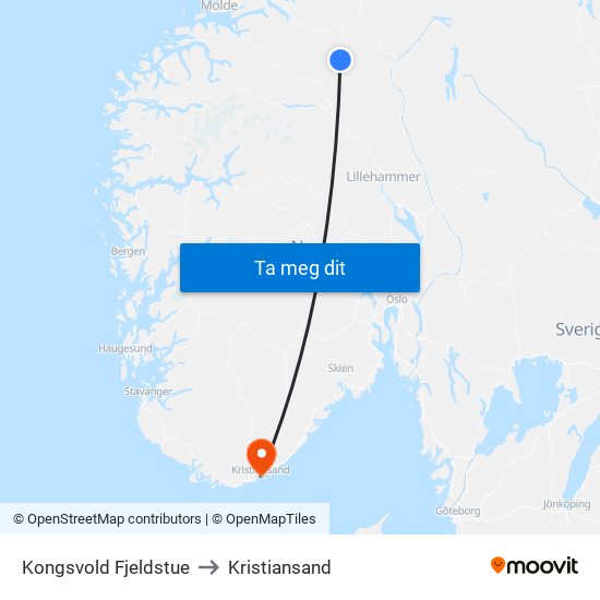 Kongsvold Fjeldstue to Kristiansand map