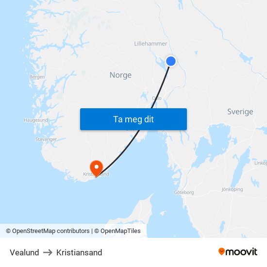 Vealund to Kristiansand map
