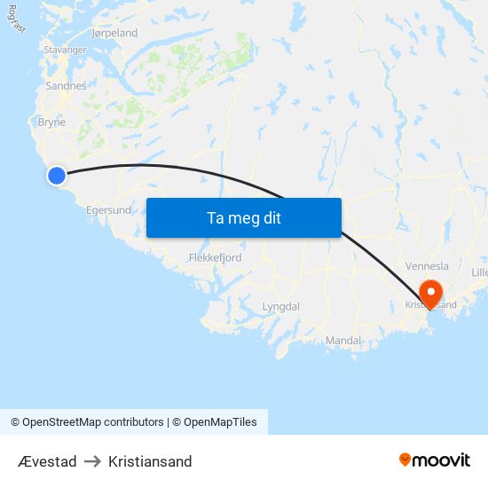 Ævestad to Kristiansand map