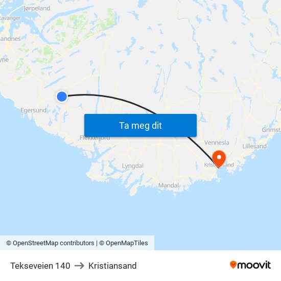 Tekseveien 140 to Kristiansand map