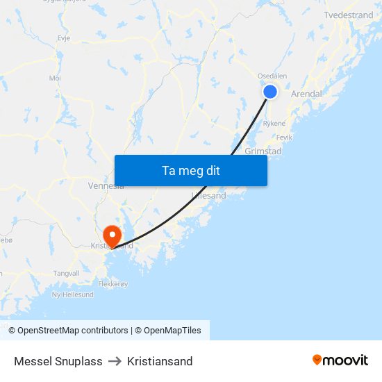 Messel Snuplass to Kristiansand map