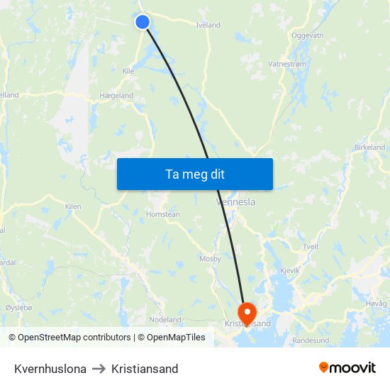Kvernhuslona to Kristiansand map