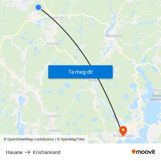 Hauane to Kristiansand map