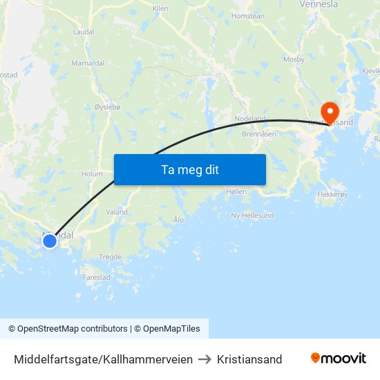 Middelfartsgate/Kallhammerveien to Kristiansand map
