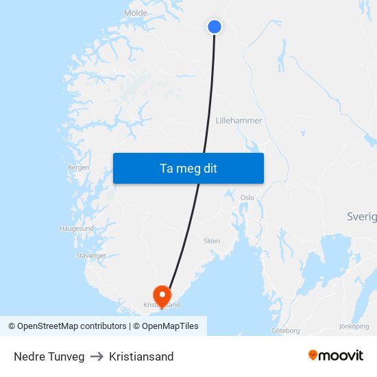 Nedre Tunveg to Kristiansand map