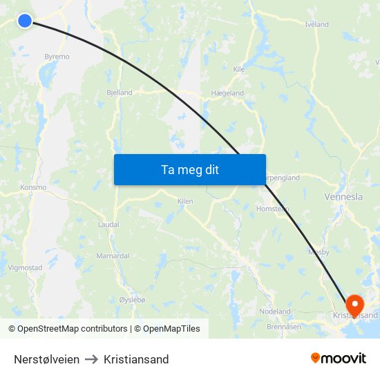 Nerstølveien to Kristiansand map