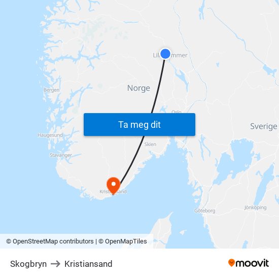 Skogbryn to Kristiansand map