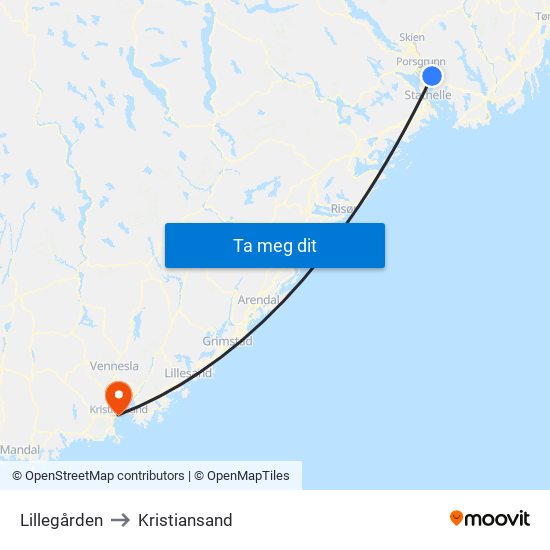 Lillegården to Kristiansand map