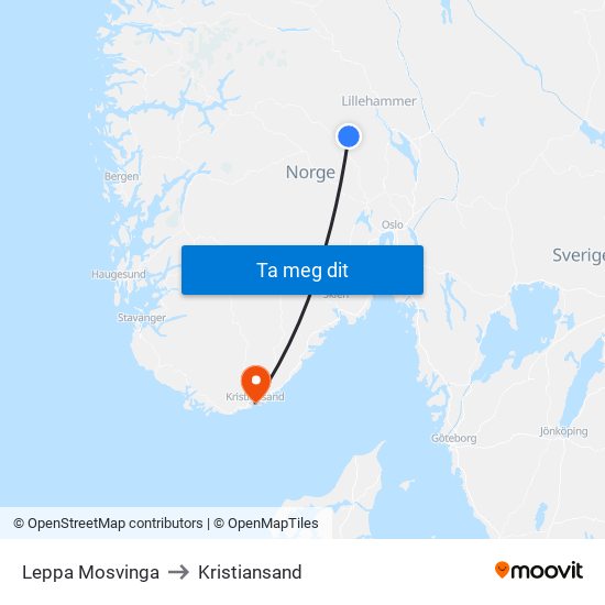 Leppa Mosvinga to Kristiansand map