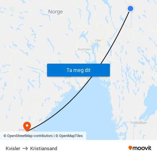 Kvisler to Kristiansand map