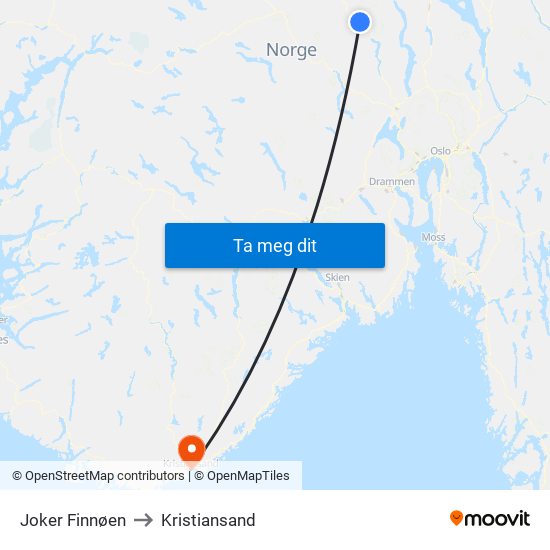 Joker Finnøen to Kristiansand map