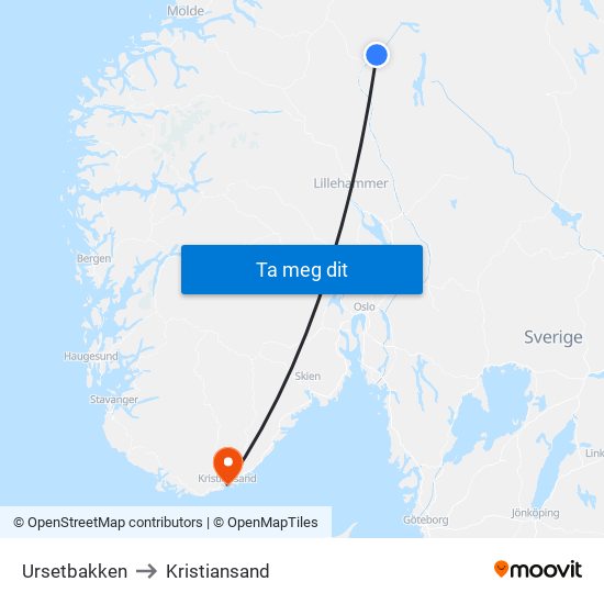 Ursetbakken to Kristiansand map