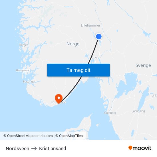 Nordsveen to Kristiansand map