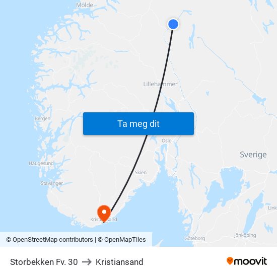 Storbekken Fv. 30 to Kristiansand map