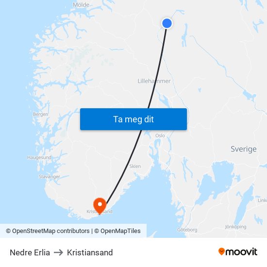 Nedre Erlia to Kristiansand map