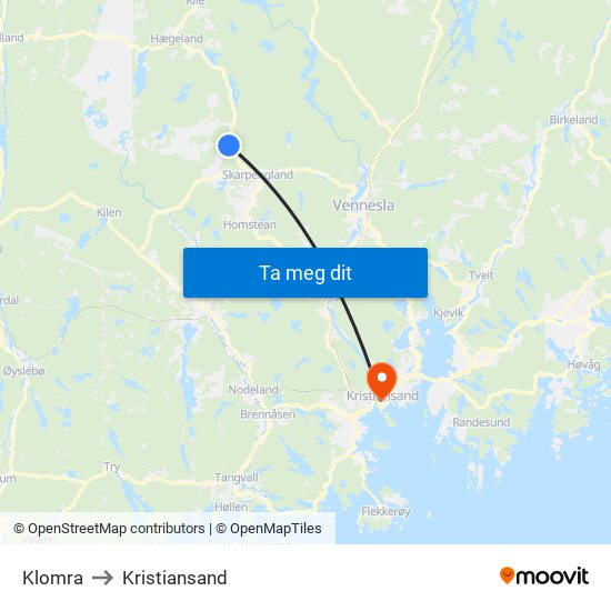 Klomra to Kristiansand map