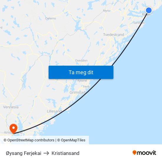 Øysang Ferjekai to Kristiansand map