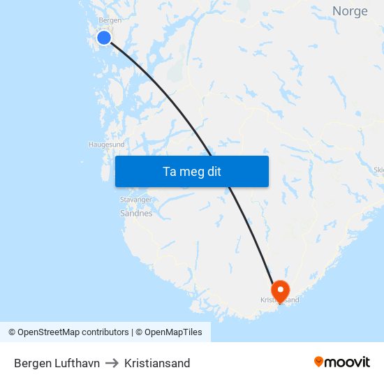 Bergen Lufthavn to Kristiansand map