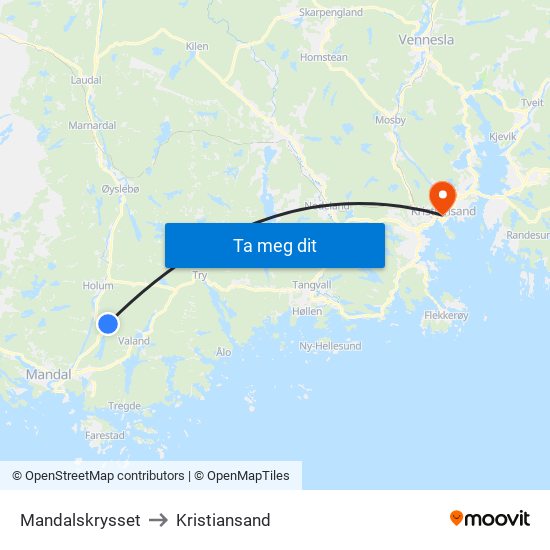 Mandalskrysset to Kristiansand map