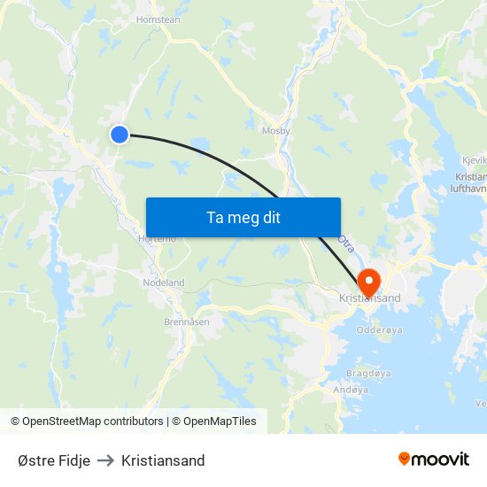Østre Fidje to Kristiansand map