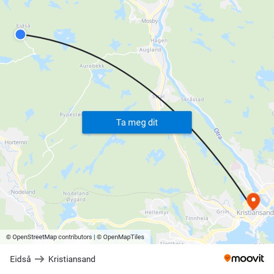 Eidså to Kristiansand map