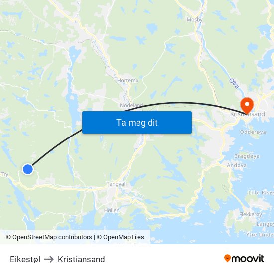 Eikestøl to Kristiansand map