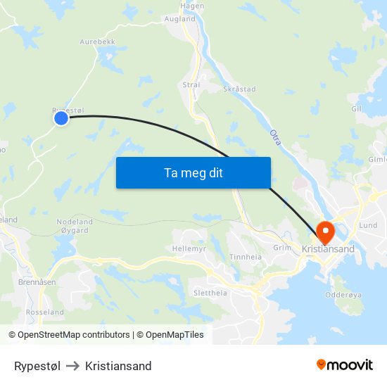 Rypestøl to Kristiansand map