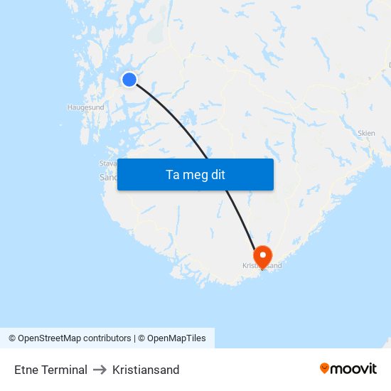 Etne Terminal to Kristiansand map