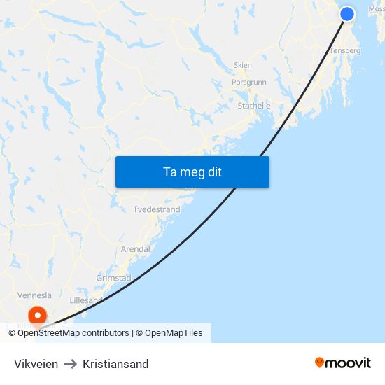 Vikveien to Kristiansand map