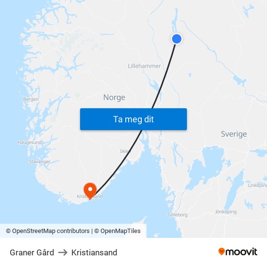 Graner Gård to Kristiansand map