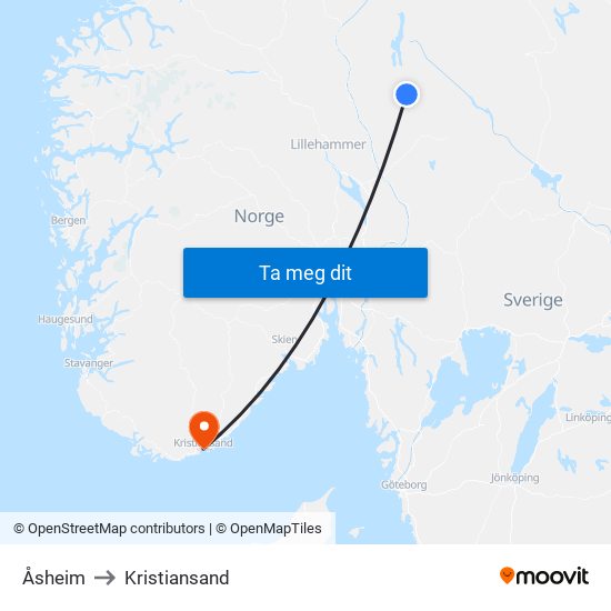 Åsheim to Kristiansand map