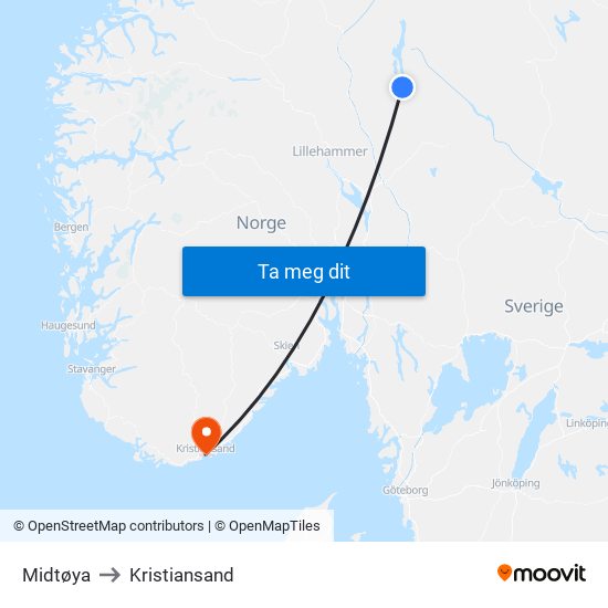 Midtøya to Kristiansand map