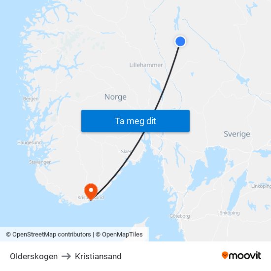 Olderskogen to Kristiansand map
