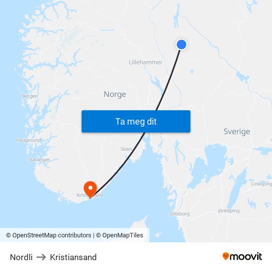 Nordli to Kristiansand map