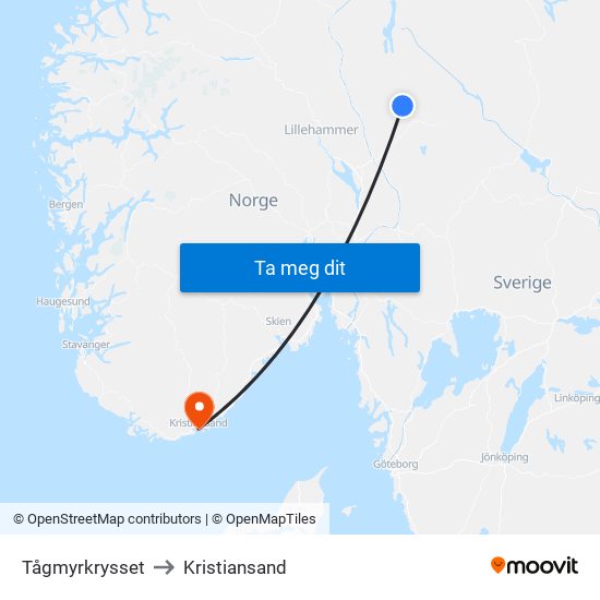 Tågmyrkrysset to Kristiansand map